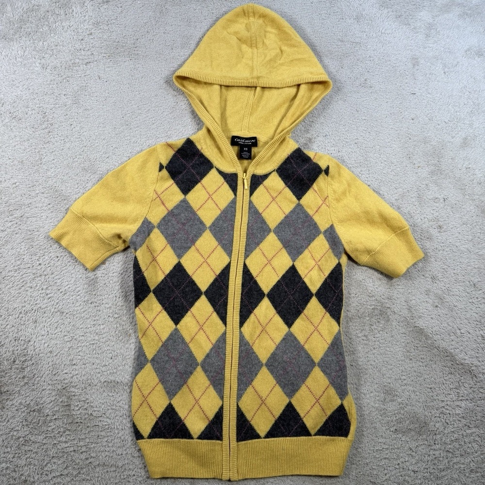 Lord & Taylor Hoodie Sweater Women XS (Fits XXS) 100% Cashmere Yellow Argyle Zip